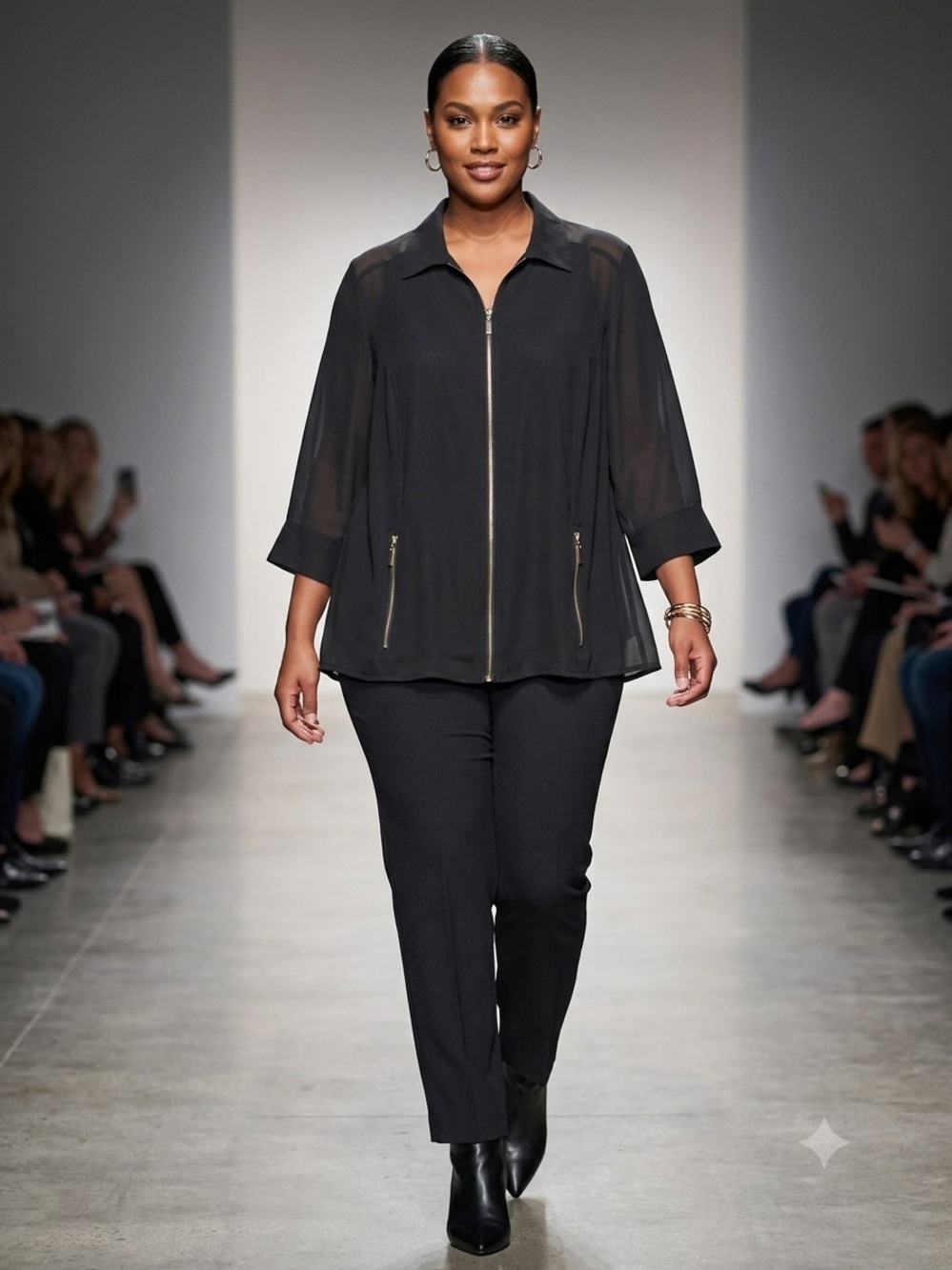 Catherines Black Zip-Front Blouse. NWT
